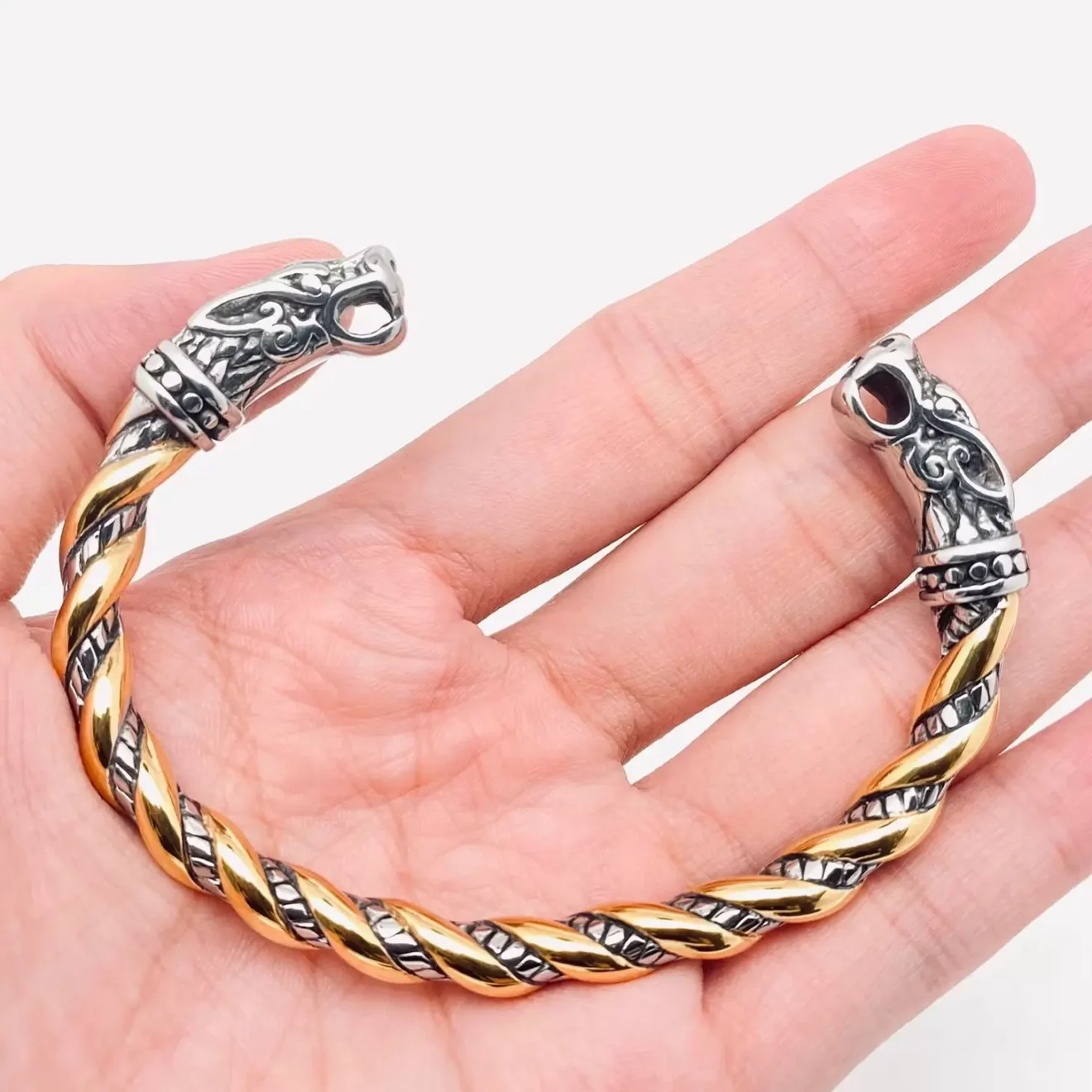 Viking Stainless Steel Vintage Double Dragon's Head Bangle